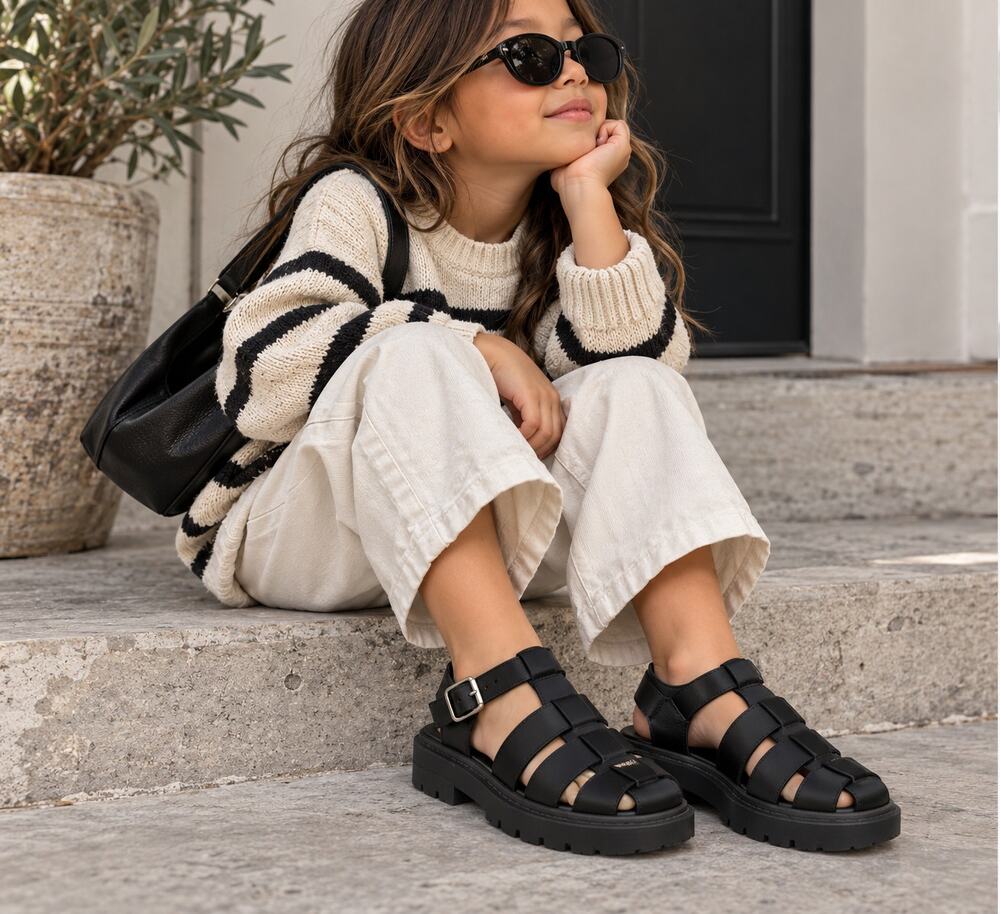 Zara Kids Black Satin Fisherman Sandals EU 33 US 2 Chunky Caged Shoes